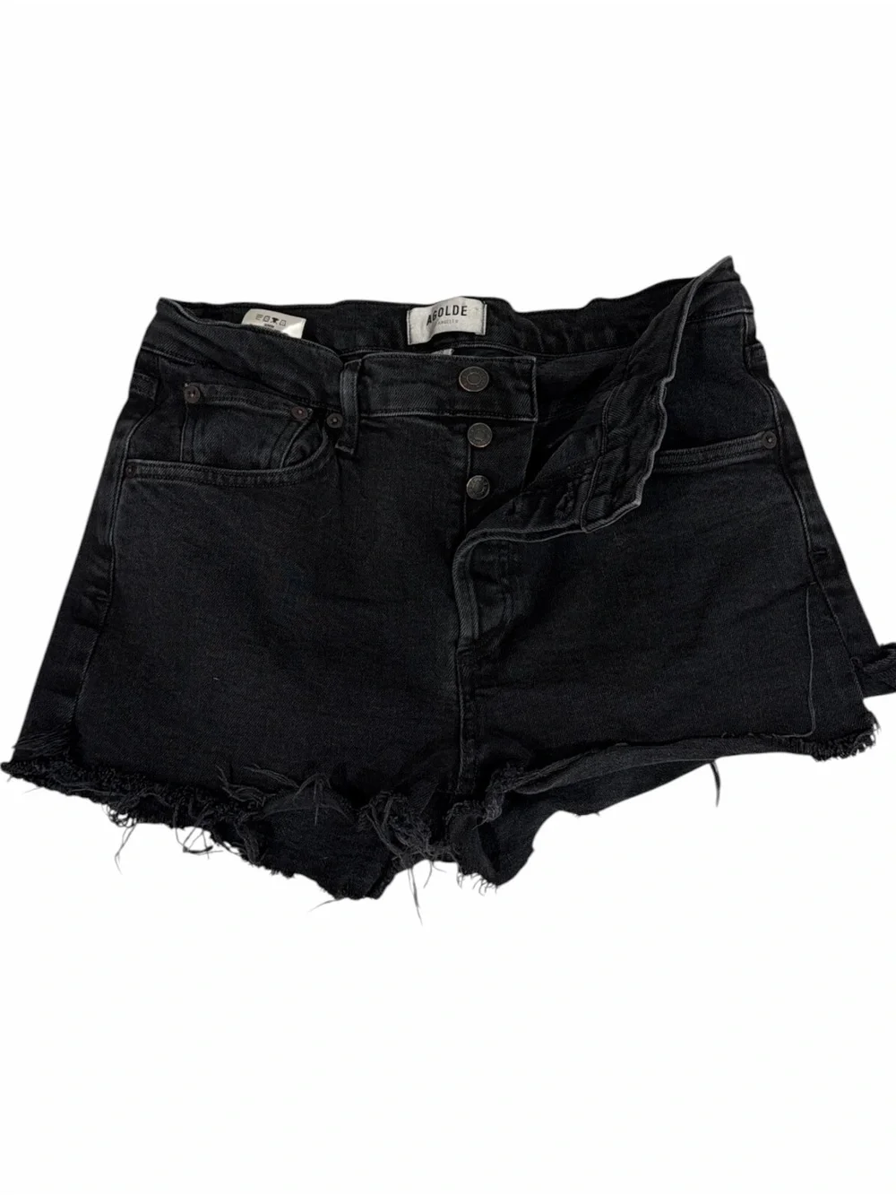 AGOLDE Carrie Black Denim Shorts Size 28 High Rise Raw Hem Button Fly Designer